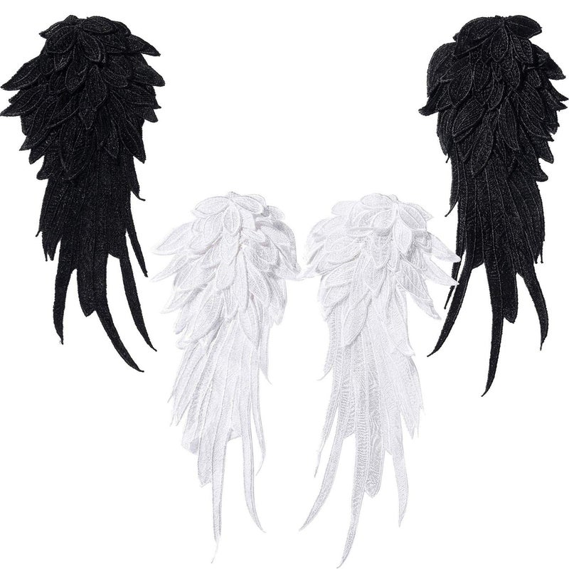 Onwon 2 Pairs 3D Angel Wings Embroidered Neckline Lace Trim Applique Sewing On Patches White and Black Large - Image 1